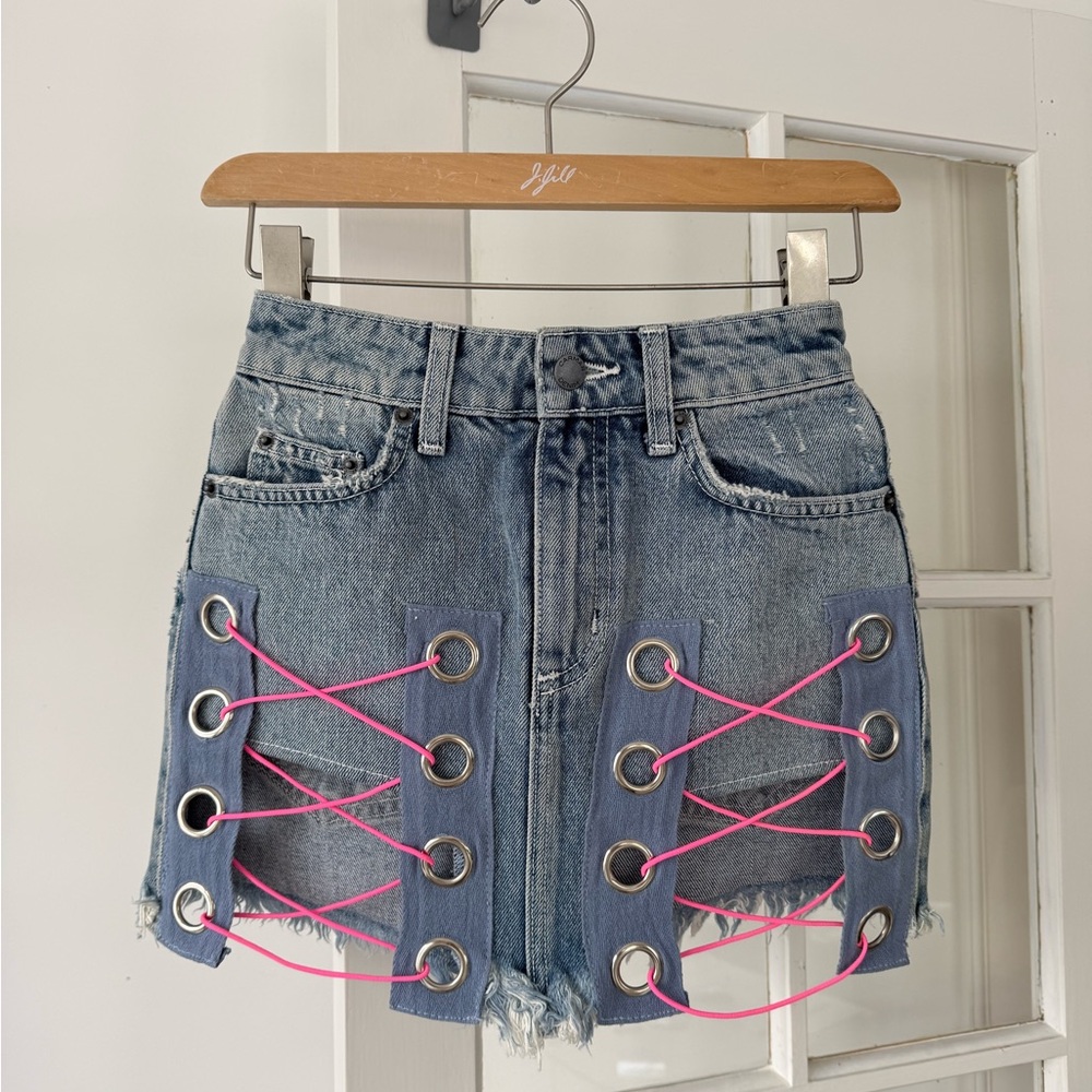 Carmar Denim Mini Skirt with Pink Lace-Up Detail size 23